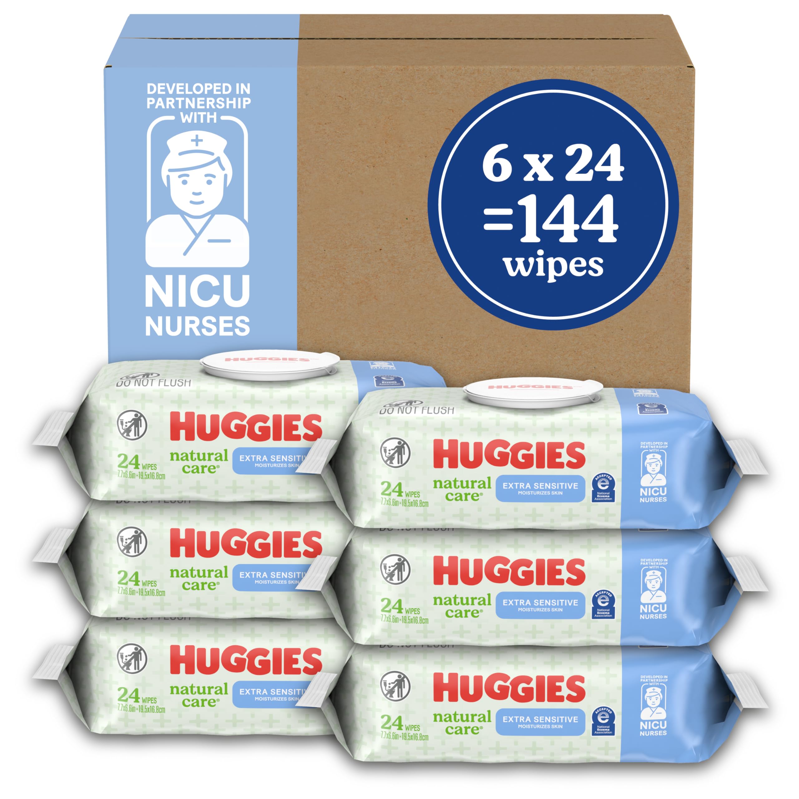 Huggies Natural Care Extra Sensitive Baby Wipes, Unscented, 1 Flip-Top Pack (24 Wipes Total) (Pack of 6)
