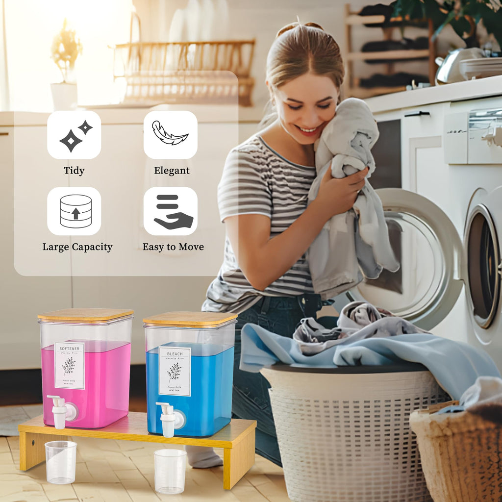 RoleDes Liquid Laundry Detergent Dispenser Set with Shelf and Bamboo Lids for Laundry Room Organization and Storage - 2 Pack 96 oz Laundry Containers for Laundry Soap, Fabric Softener