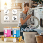 RoleDes Liquid Laundry Detergent Dispenser Set with Shelf and Bamboo Lids for Laundry Room Organization and Storage - 2 Pack 96 oz Laundry Containers for Laundry Soap, Fabric Softener