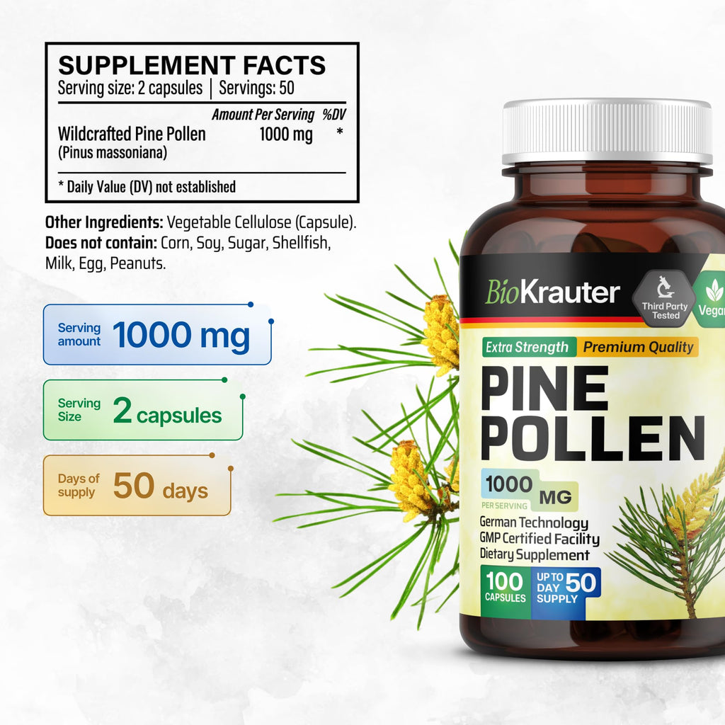 BIO KRAUTER Pine Pollen Extract Capsules for Men's Support, 1000 mg
