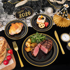 350 Pieces Black and Gold Plastic Plates with Disposable Silverware, Include 50 Dinner Plates 9”, 50 Dessert Plates 6.3”, 50 Black Cups 9 OZ, 50 Pre Rolled Napkins for Wedding/Party/Birthday/Halloween