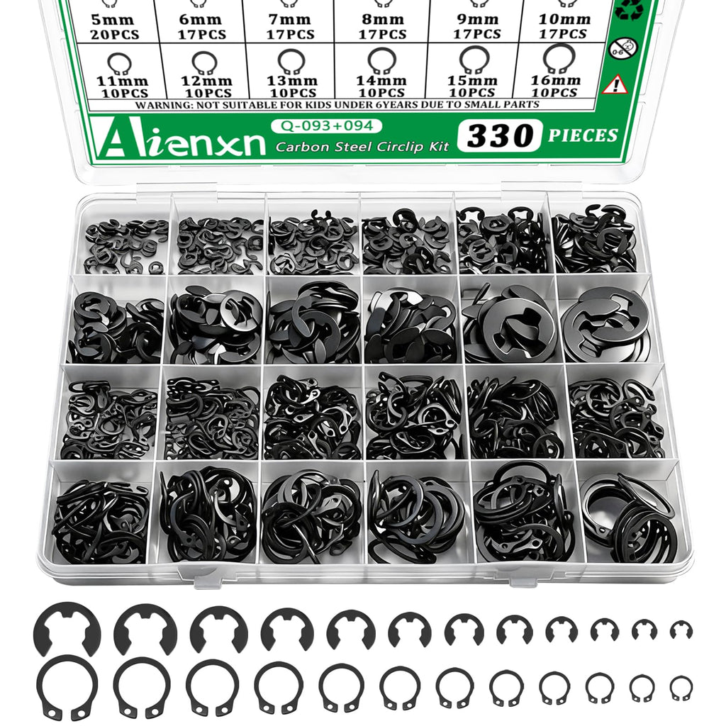 Aienxn 330PCS Snap Rings Kit, E Clips Kit (2-12MM) and C Clips Kit (5-16MM)