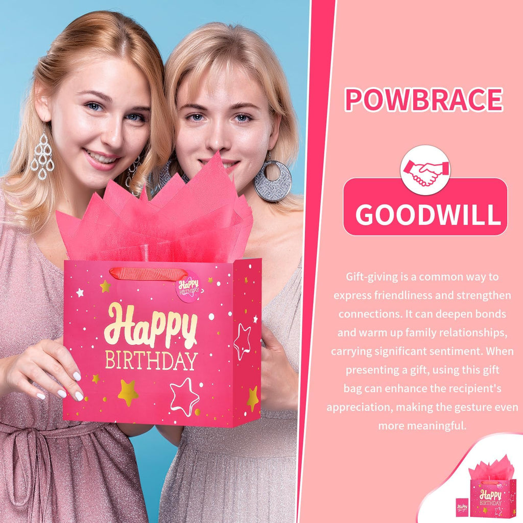 Powbrace 13" Pink + Black Happy Birthday Gift Bag with Tissue Paper and Greeting Card for Party,Happy Birthday Gift Bag for Men Women, Gift Bags Medium size(2 PCS Pink & Black)