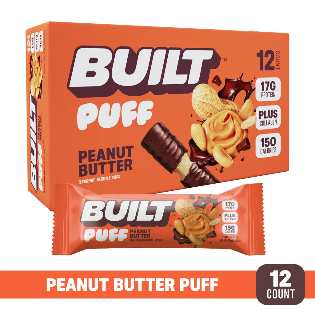 Built Puffs Bars, 12 Count Protein Bar - High Protein Energy Bars, Collagen, Gluten Free, Chocolate Covered, Low Carb, Low Calorie, Low Sugar, Delicious Protein, Healthy Snack (Peanut Butter)