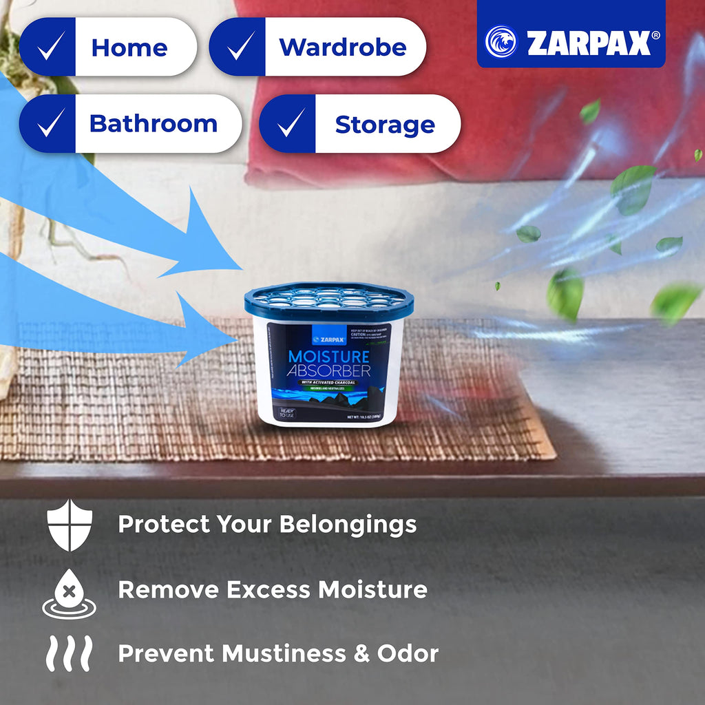 ZARPAX Moisture Absorber Activated Charcoal 10.5 oz/300g | Removes Moisture, Damp, Humidity & Odors | Odor Absorber | Moisture Trap for Bathroom, Closet, Kitchen & Small Spaces | Set of 4