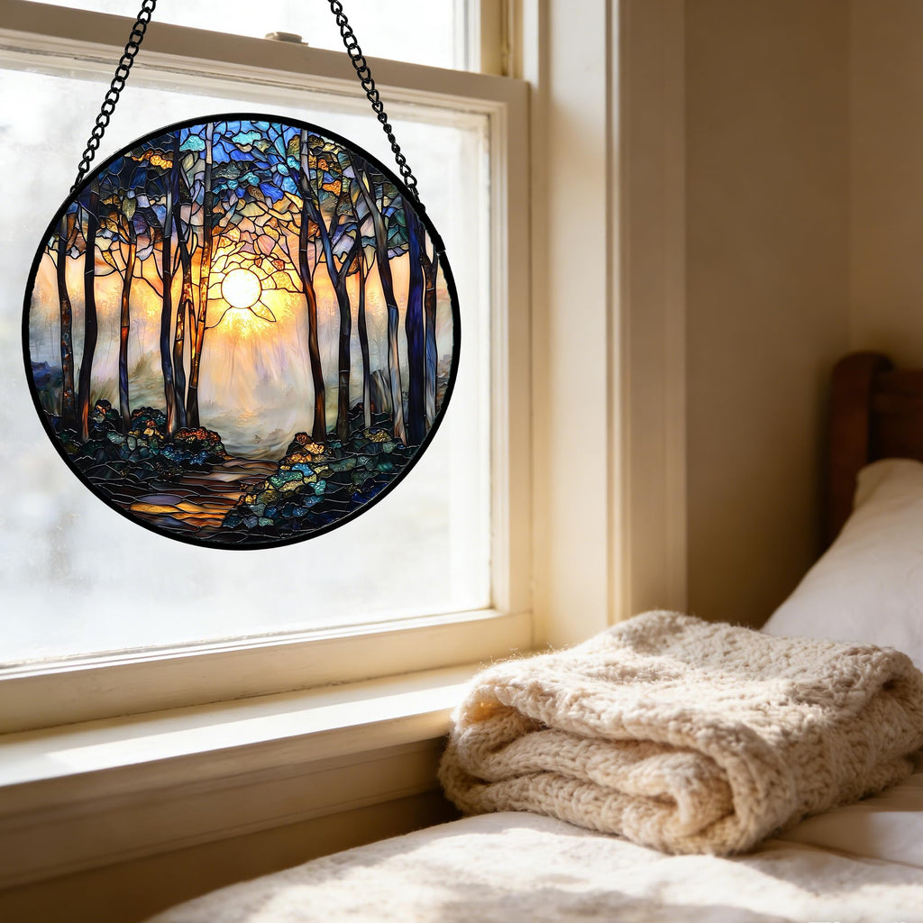 DASTOLL Stained Glass Window Hanging, Forest Sunrise Smoke Blue Brown Tree Suncatcher for Doors Window Home Landscape Sun Catchers Decor Mother's Day Birthday Gifts for Women, Men Mom 6.3 in