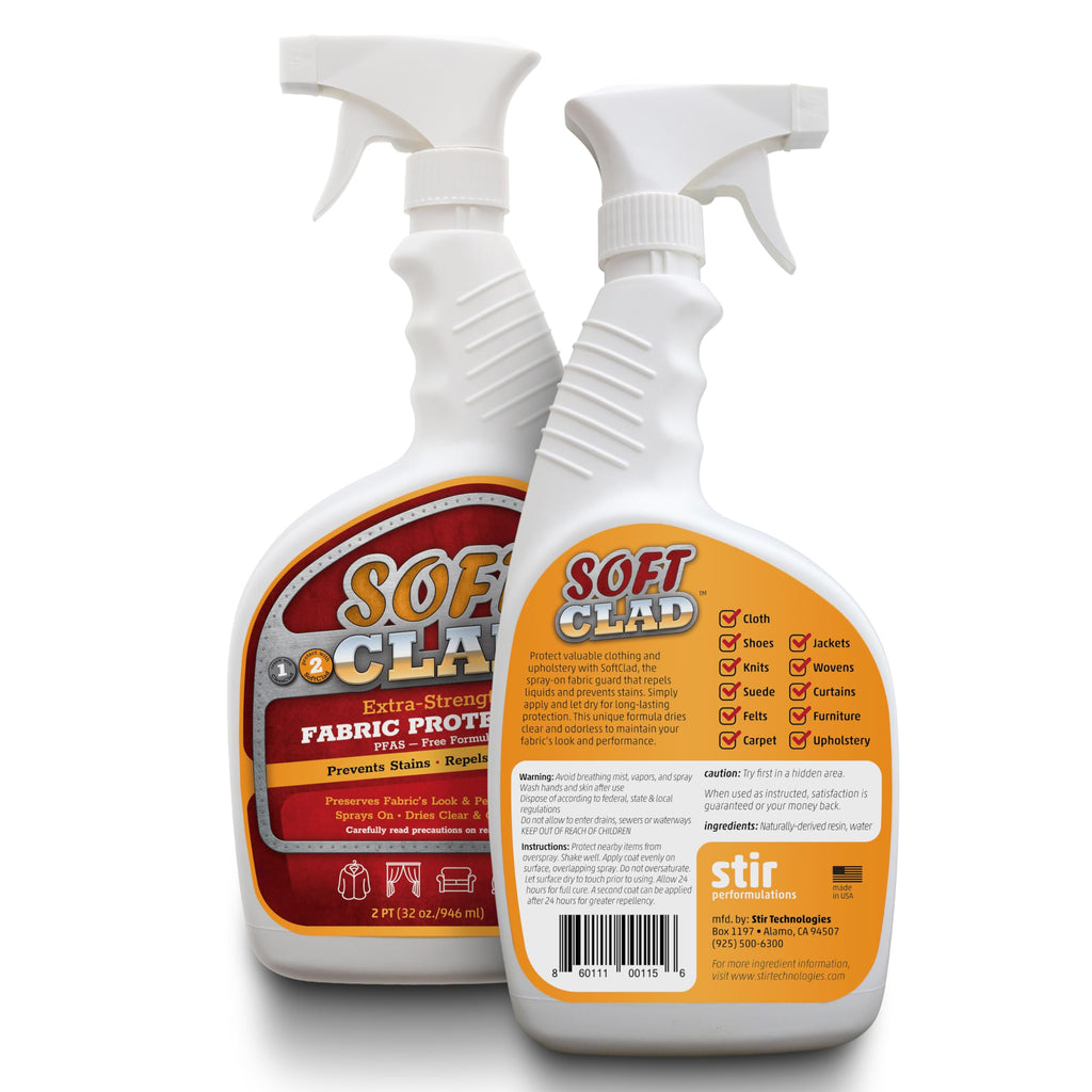 Extra Strength Fabric Protector Spray Prevents Stains and Repels Liquids. SoftClad Guards Furniture, Shoes, Carpet, Upholstery, Suede, Leather, Couch. Safe for Indoor Use. PFAS Free Formula 32oz
