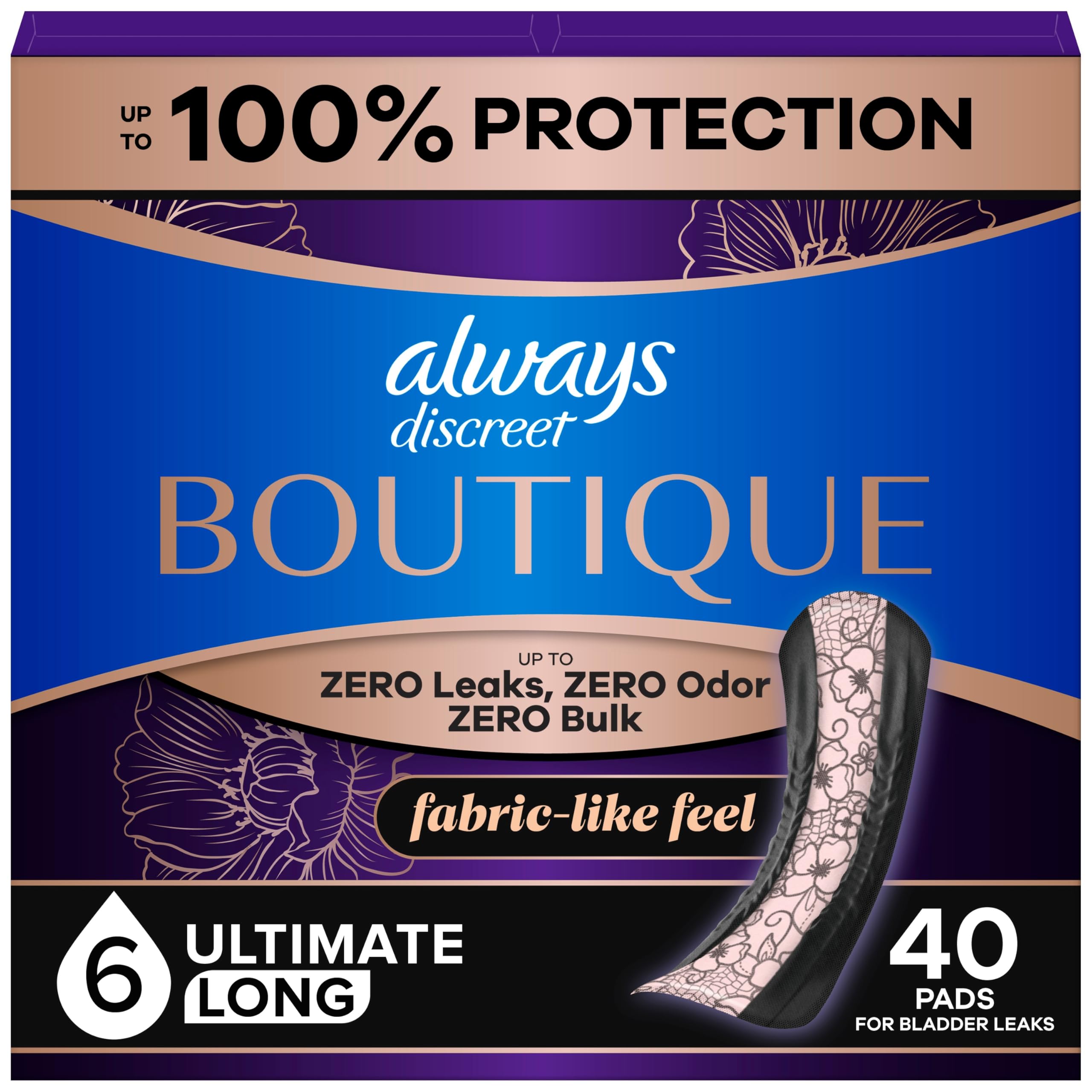 Always Discreet Boutique Incontinence Pads, for Bladder Leaks, Extra Heavy Absorbency, Long Length, 40 Count (2 Packs of 20)