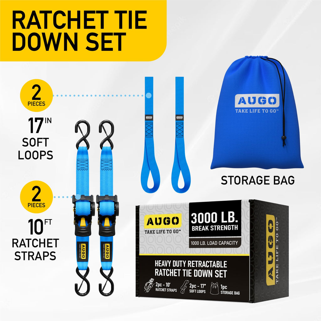 AUGO Retractable Ratchet Straps | 2 Heavy Duty Ratchet Straps Self Retractable Tie Downs with Soft Loops & Storage Bag for Motorcycle, Truck, Trailer, Cargo Van | 3000 Lb Break Strength 2” x 10’