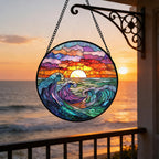 DASTOLL Stained Glass Window Hanging, Clouds and Sea Waves Suncatcher Diamond Glass Panel Hangings Scenery Sun Catchers Decor for Birthday for Women, Men, Wife, Aunt, and Mom 7.8 in