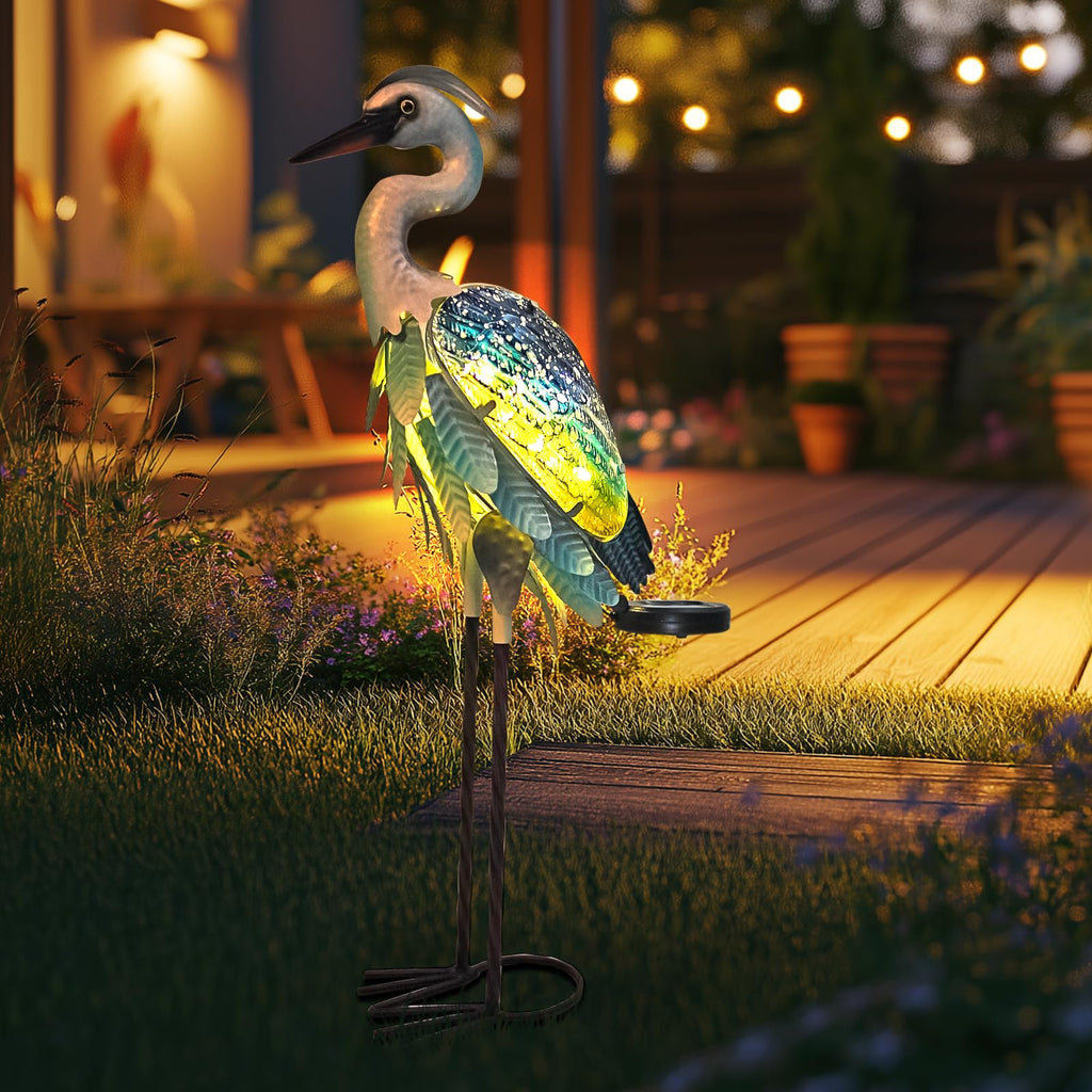 HONGLAND Solar Heron Metal Crane Statue Garden Heron Sculpture, Glass Outdoor Crane Yard Art Coastal Ocean Bird Decor 24 Inch Lawn Ornament for Backyard Porch Patio Decor（Green）