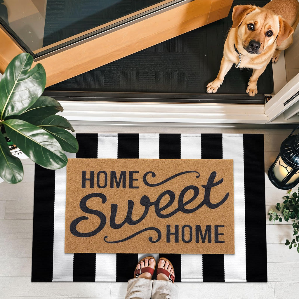 OLANLY Fall Door Mat, Black and White Striped Halloween Rug, 2'4" x 3'7"