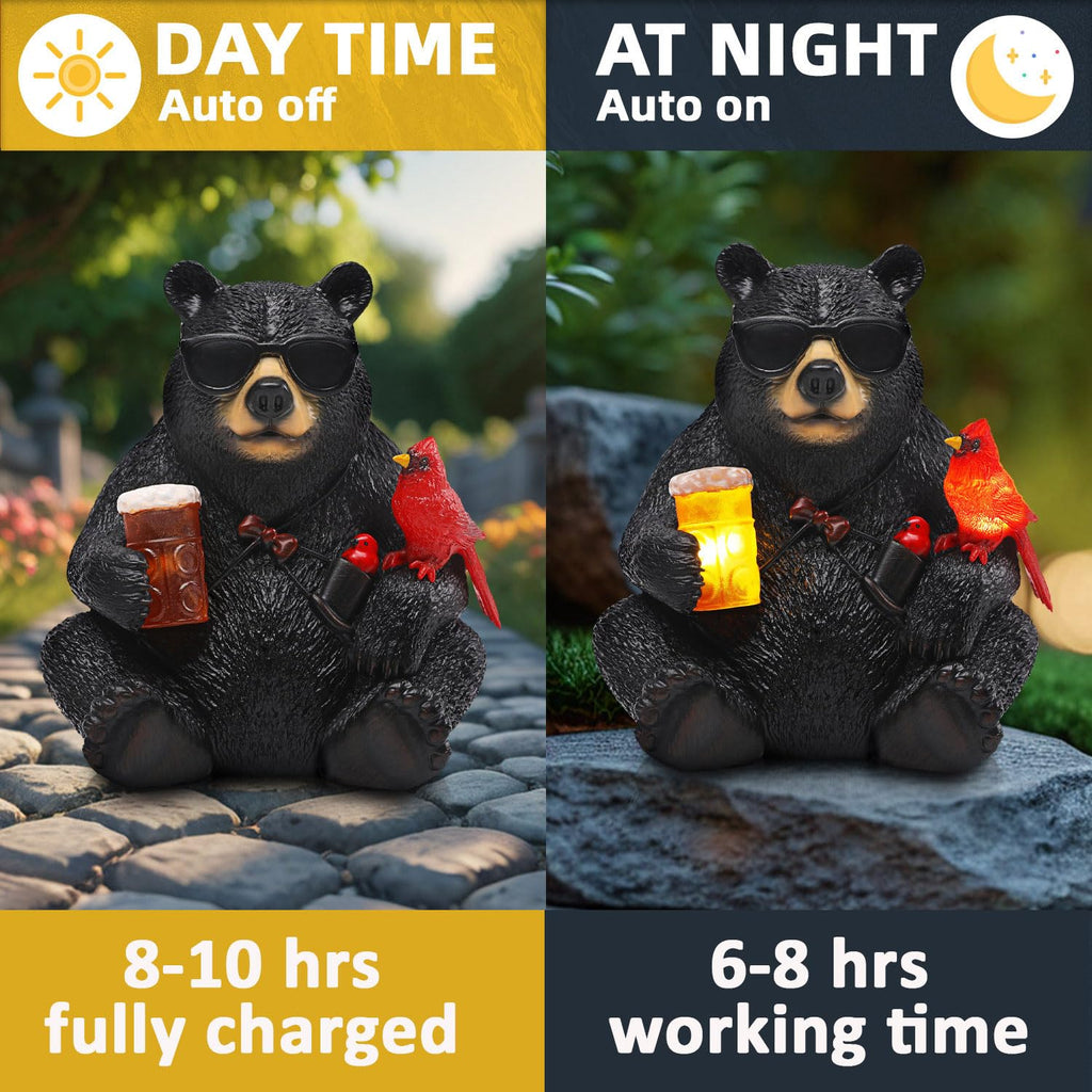 YHSOLAR Solar Black Bear Statue for Garden with Beer and Cardinals
