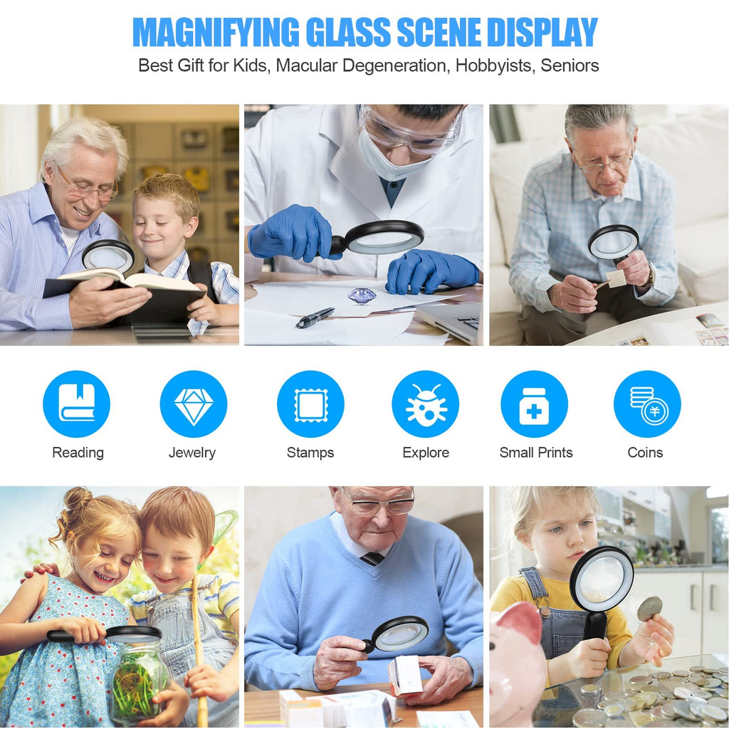 Rechargeable Magnifying Glass with Light, 30X 4.7IN Handheld Large Lightweight Lighted Magnify Len 21 LED 3 Modes Illuminated Book Magnifier forSenior,Reading,Inspection,Coin,JewelryChristmasGift
