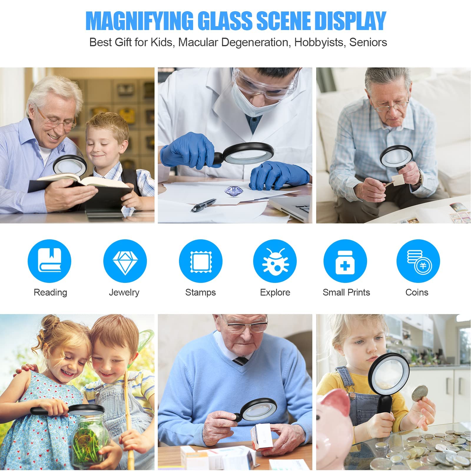 Rechargeable Magnifying Glass with Light, 30X 4.7IN Handheld Large Lightweight Lighted Magnify Len 21 LED 3 Modes Illuminated Book Magnifier forSenior,Reading,Inspection,Coin,JewelryChristmasGift