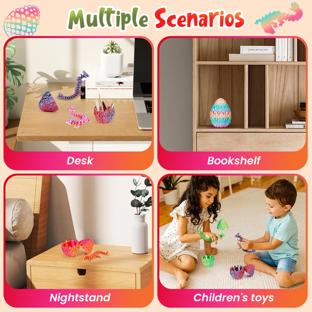 SHUWND 3D Printed Dragon Eggs with Dragons Inside – 4PCS Mini Articulated Baby Dragon Toys, Mystery Fidget Egg Set for Kids & Adults, Fantasy Desk Decor & Collectible Gifts