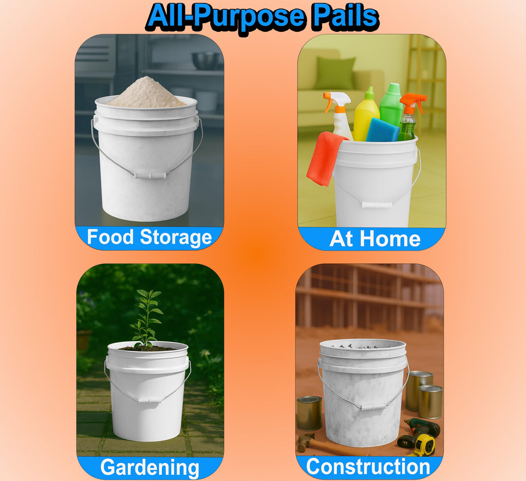 MKS Plastics 5-Gallon Bucket Only – No Lid Included, Made in USA, Food Grade BPA Free Plastic, Heavy Duty Multi-Use, Metal Handle with Grip, Stackable Storage – White, 6 Pack