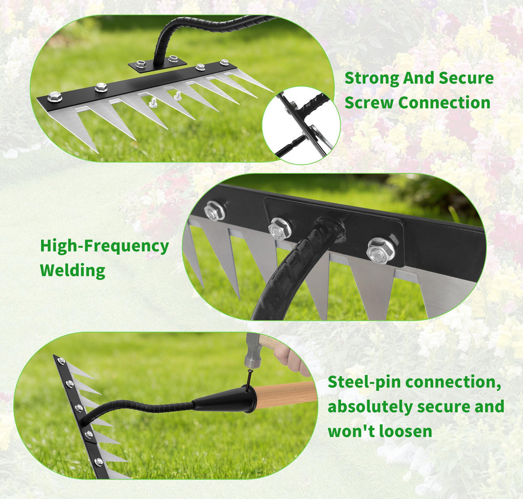 ATLRGISL Iron Weeding Rake with Wooden Long Handle 2.0, 8 Teeth Weed Puller Tool Heavy Duty, Manual Gardenia Weed Rake Tool for Yard, Lawn and Garden, 56Inch