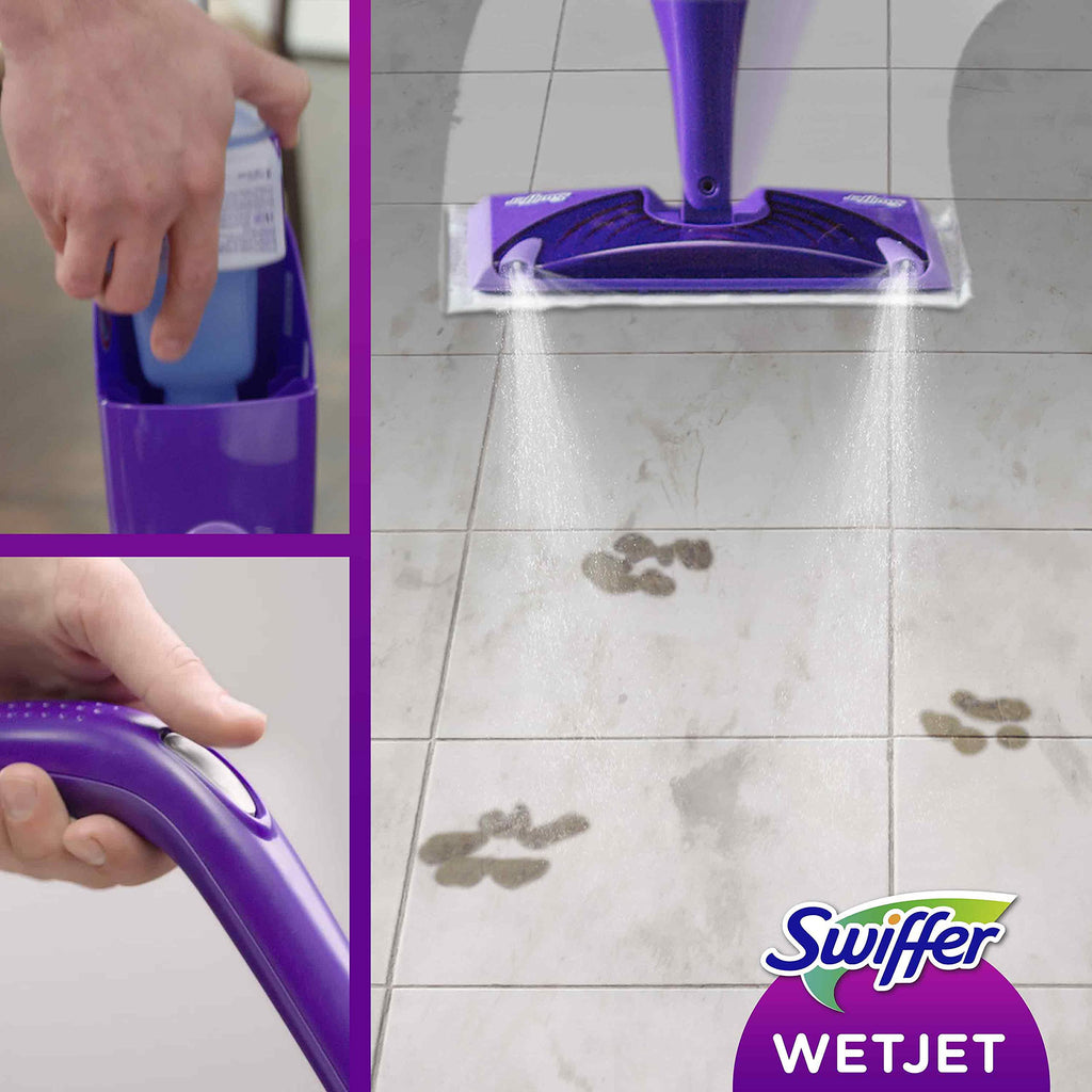 Swiffer WetJet Floor Spray Mop, Starter Kit, Includes: 1 WetJet, 5 Pads, 1 Cleaning Solution & 4 Batteries