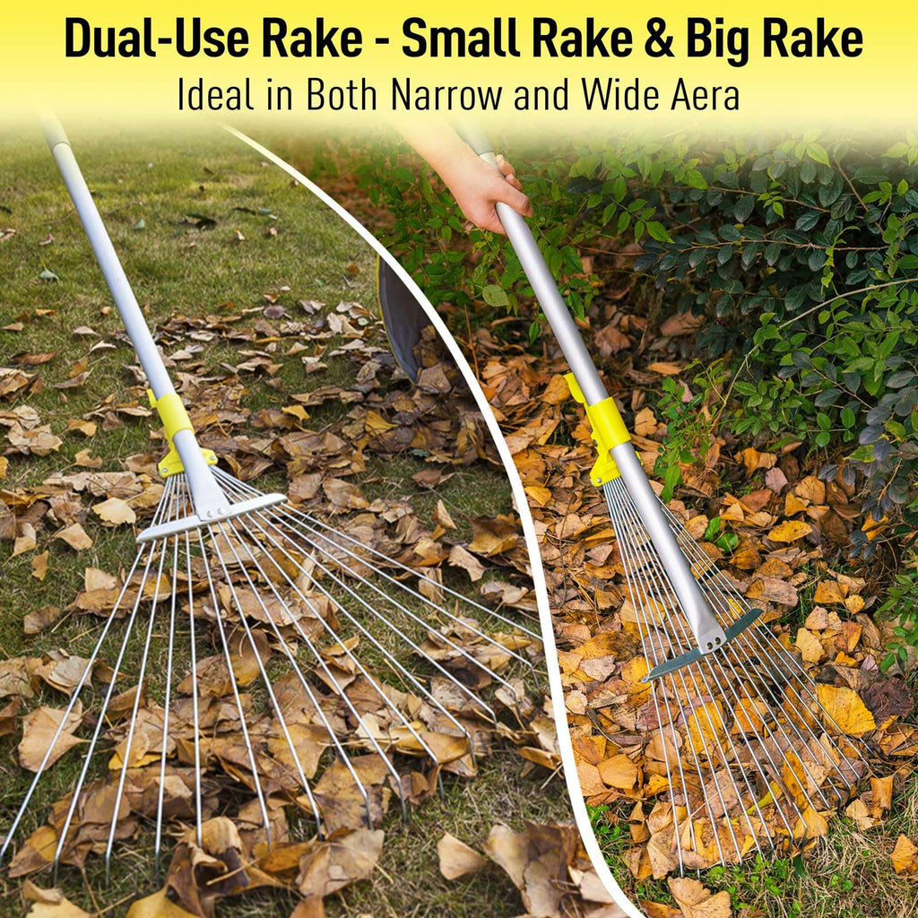 JARDINEER Adjustable Rakes for Leaves, Large Garden Leaf Rake for Lawns Grass with 7-23" Expandable Head, Yard Collapsible Rake for Camping (64 inches)