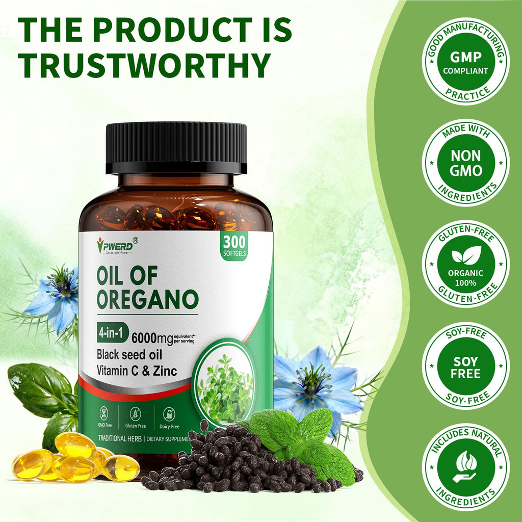 PWERD 300 Softgels Wild Oregano Oil Capsules Organic Pills of Oregano Softgels Capsules Organic with Black Seed Oil