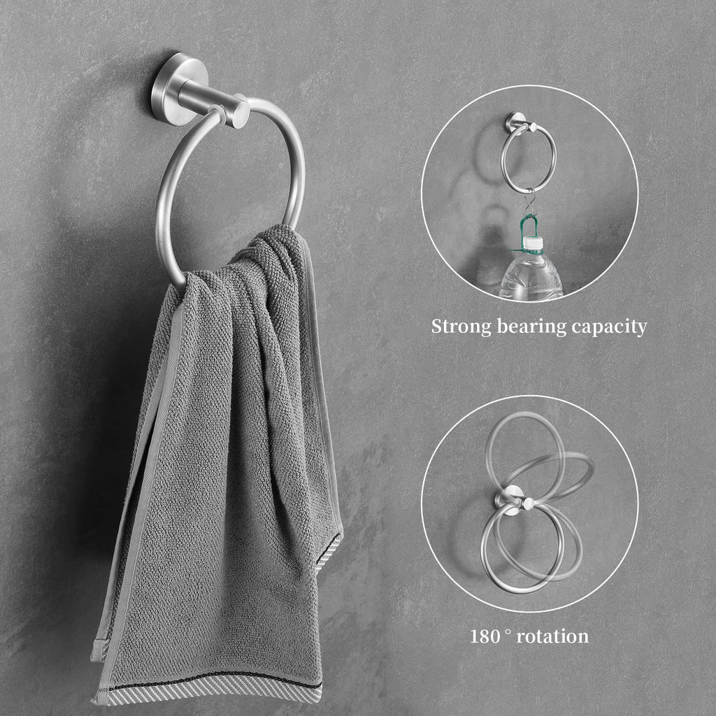 Hinmood Towel Bar Set Brushed Nickel, Bathroom Towel Ring Set 5pcs Including 2pcs 16'' Tower Bar, Towel Ring and 2 PCS Towel Hooks
