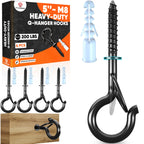 [HIGH-WORKLOAD] 200Lbs 4 Pcs Q-Hanger Hooks M8 with Washer & Safety Buckle, Heavy Duty 5’’ Windproof Screw Hooks for Hanging Plants, Yoga, Lights, Indoor & Outdoor Uses-Expansion Tubes, Screwdriver