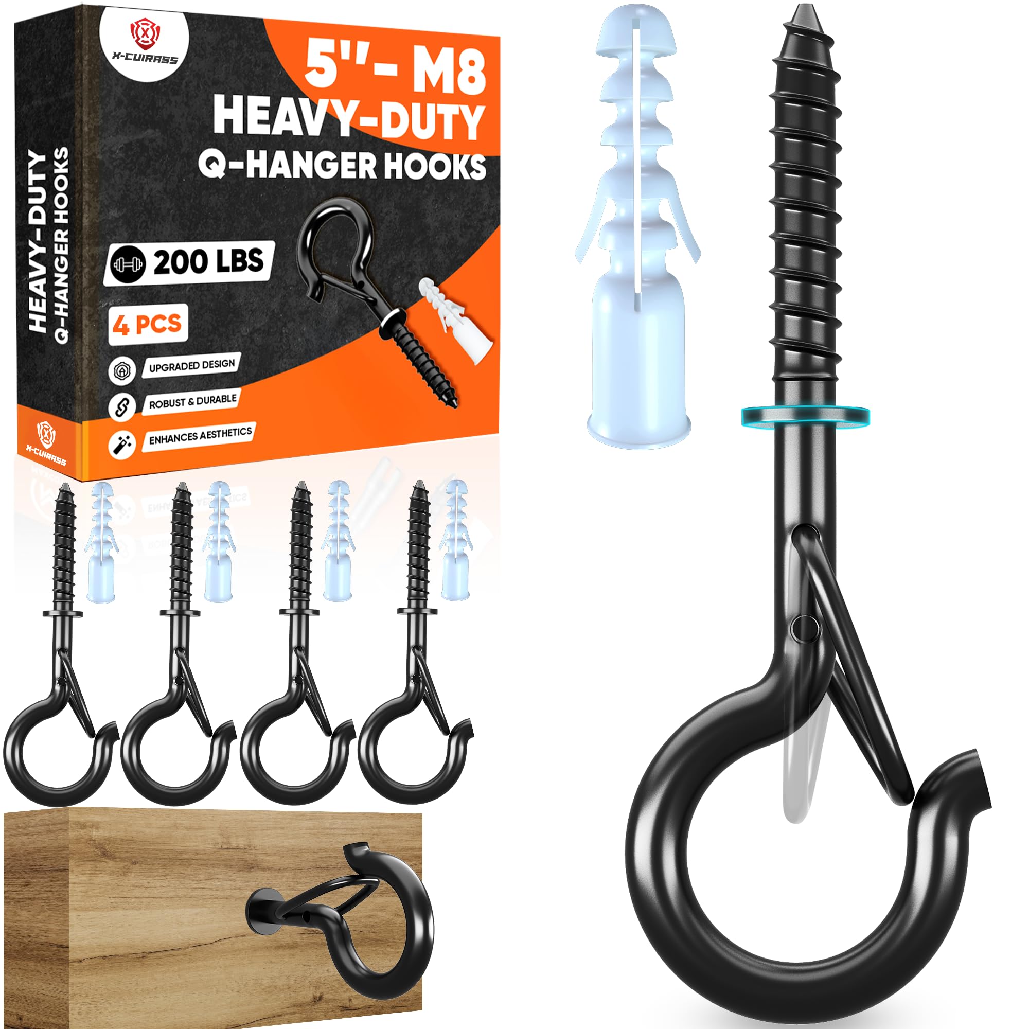[HIGH-WORKLOAD] 200Lbs 4 Pcs Q-Hanger Hooks M8 with Washer & Safety Buckle, Heavy Duty 5’’ Windproof Screw Hooks for Hanging Plants, Yoga, Lights, Indoor & Outdoor Uses-Expansion Tubes, Screwdriver