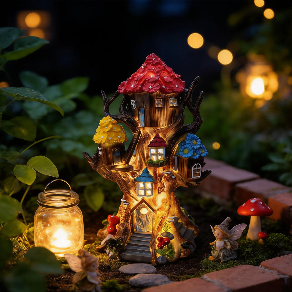 BLBYHO Solar Fairy House 11.8” Tall Fairy Garden House for Outside, Large Fairy Garden Treehouse Accessories Outdoor, Gnome House Garden Statue Fairy Tree House, for Home, Yard, Balcony Decor