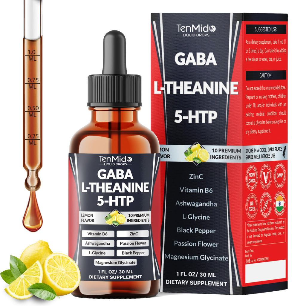 Tenmido 10in1 GABA L-Theanine Supplement Liquid Drops with 5-HTP, Ashwagandha, Magnesium Glycinate, Passion Flower, L-Glycine, Black Pepper and More - 30ml 1 Fl Oz
