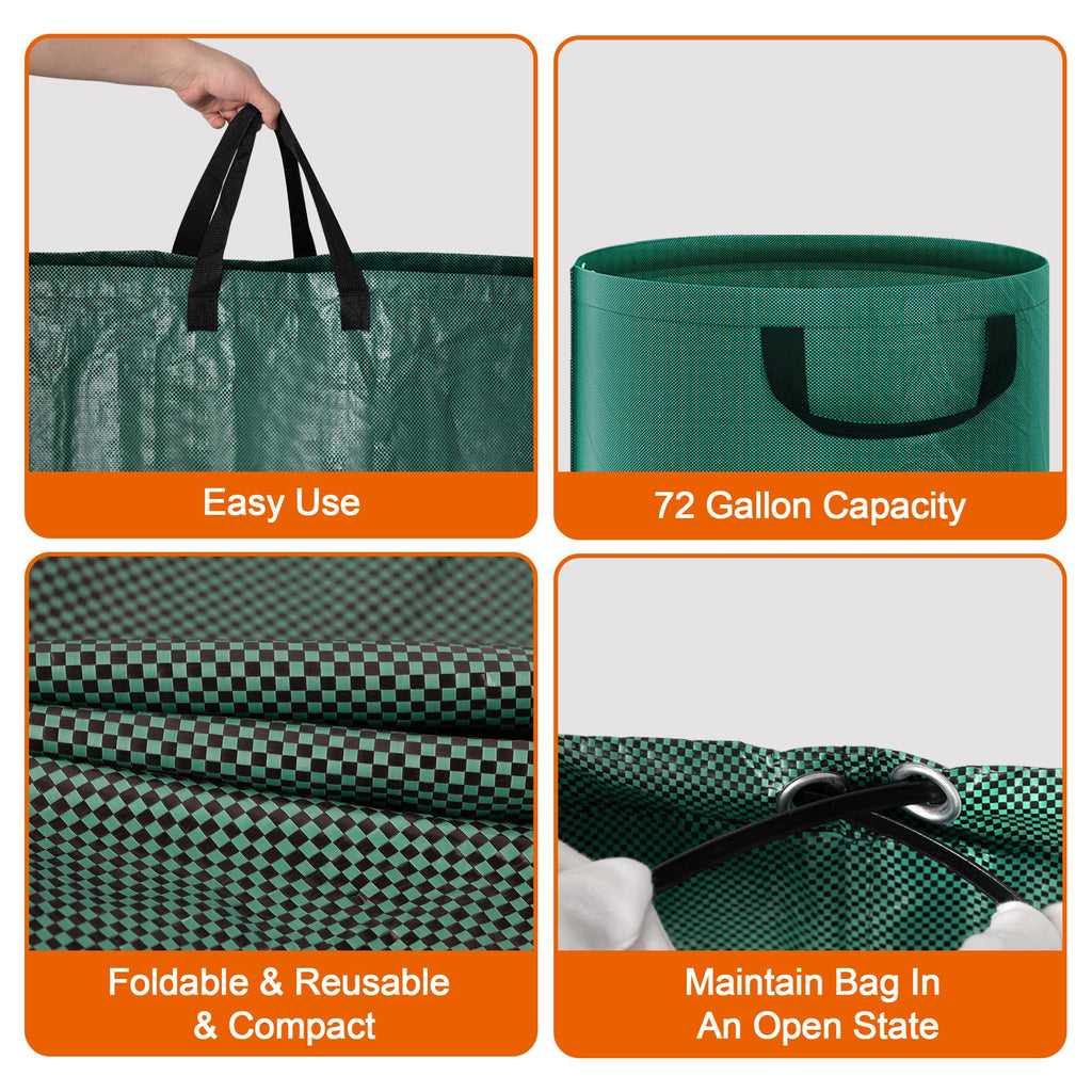 Kendo 72 Gallon Reusable Yard Bags, Heavy Duty 3 PCS Garden Leaf Bags with 4 Reinforced Handles for Fall Leaf Cleanup Grass Clippings Camping Trash