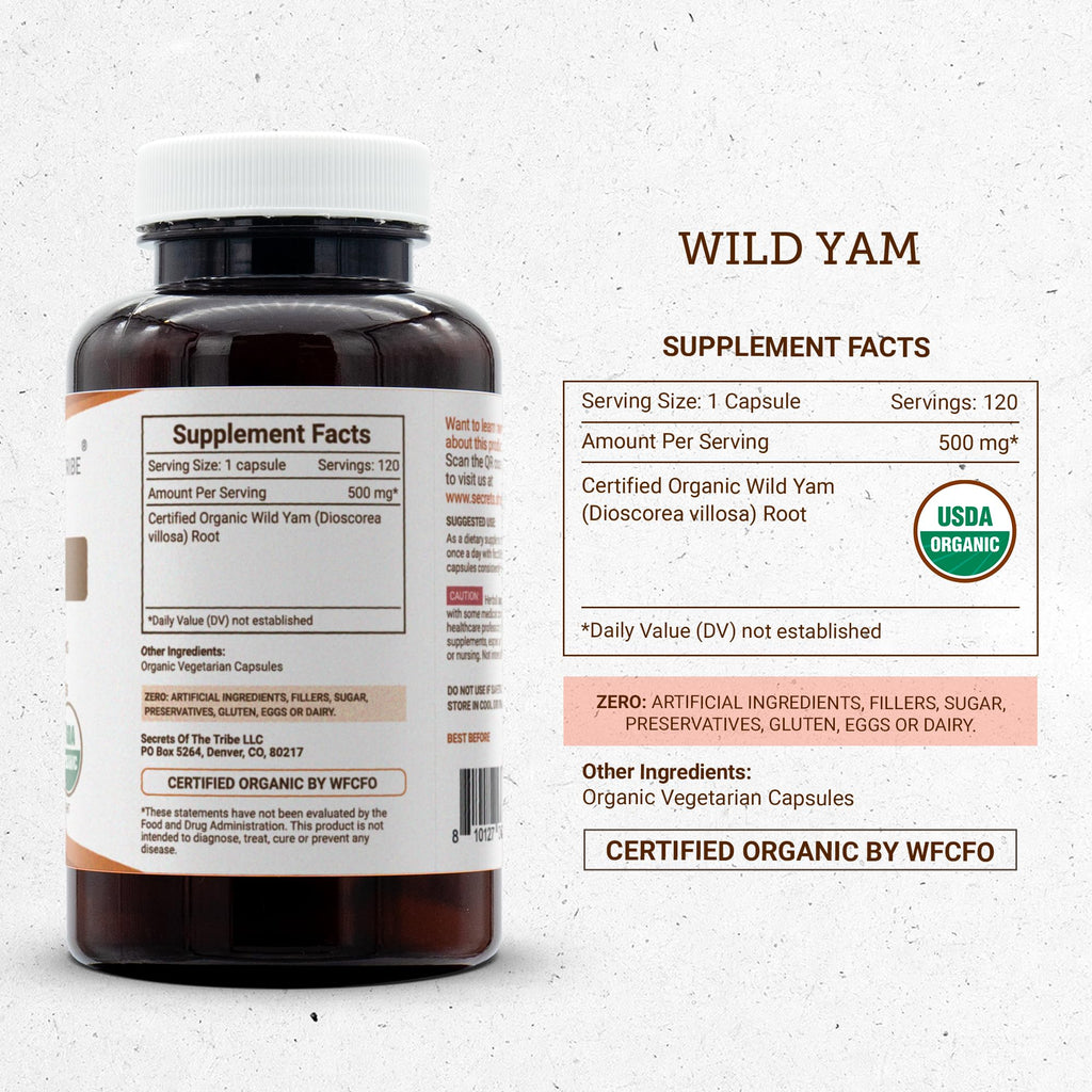 Secrets of the Tribe Wild Yam Capsules 500 mg Responsibly farmed USDA Organic Wild Yam (Dioscorea Villosa) Dried Root, Hormone Support Supplement (120 Capsules)