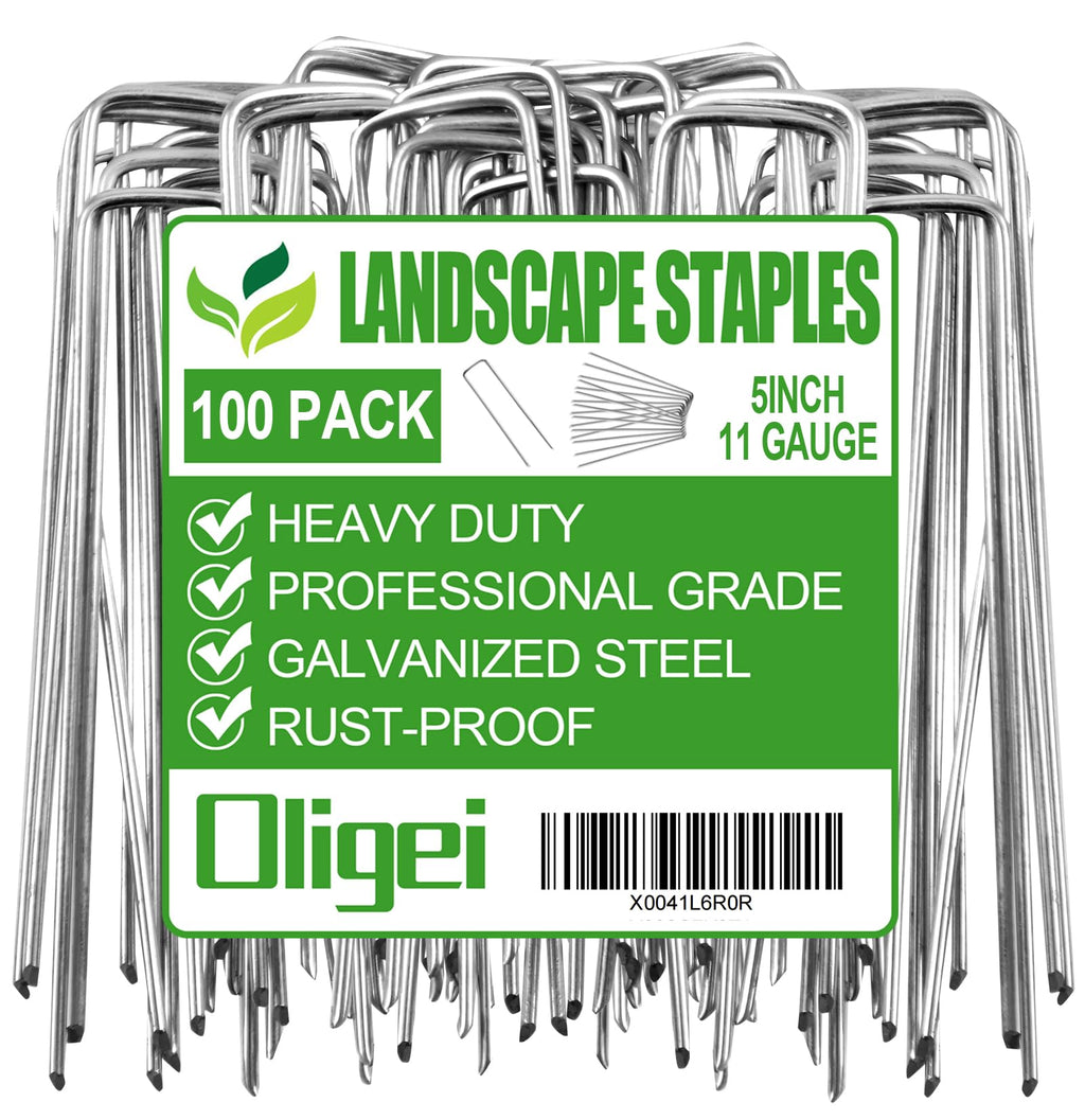 Oligei 100 Pack Garden Stakes, U-Shaped Tent Stakes, Galvanized Landscape Staples, Ground Stakes, for Landscaping Securing Weed Barrier Fabric, Irrigation Tubing, Holding Fence, Tarpaulin
