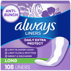 Always Panty Liners for Women Anti-Bunch Xtra Protection Daily Liners, Long, Unscented, 108 Count