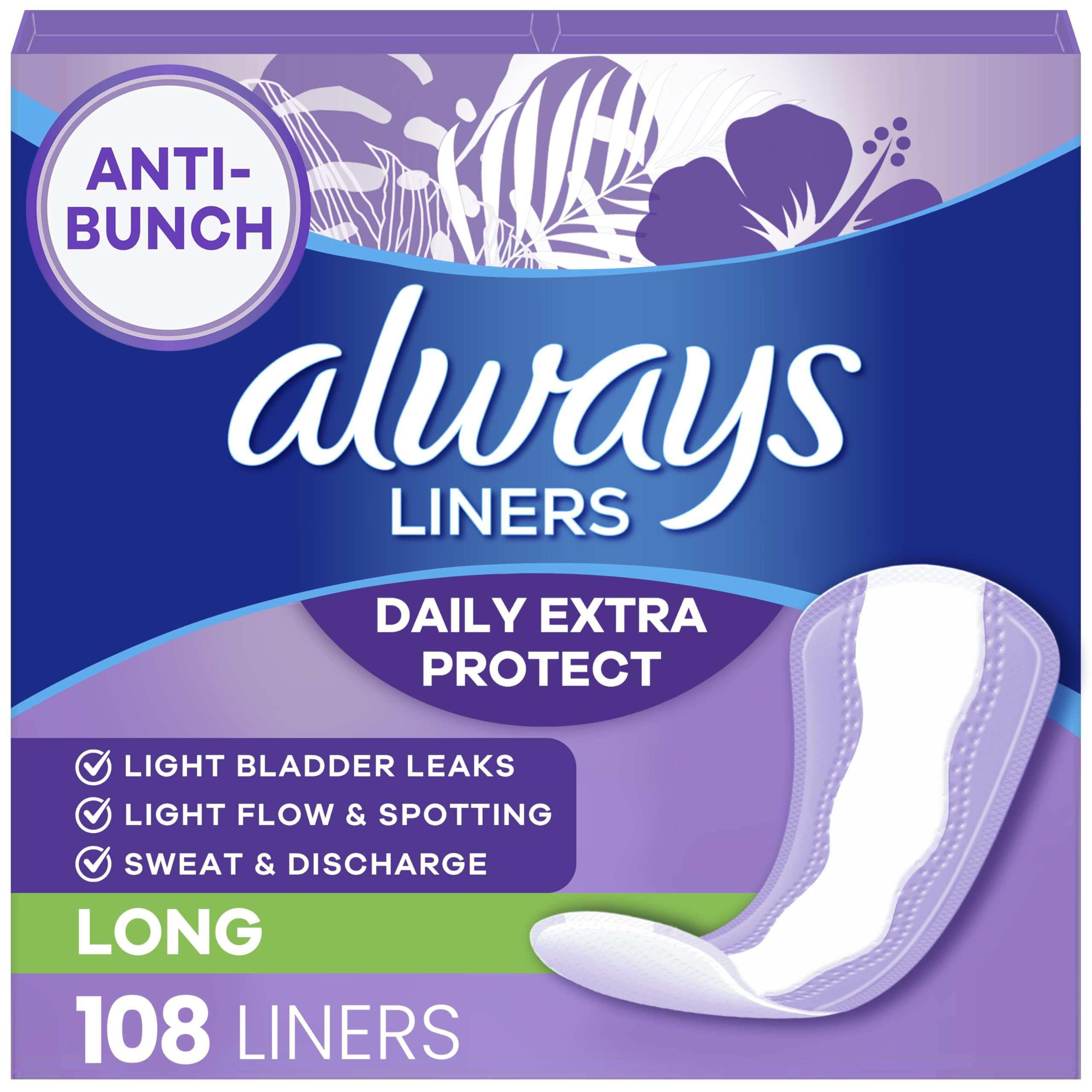 Always Panty Liners for Women Anti-Bunch Xtra Protection Daily Liners, Long, Unscented, 108 Count