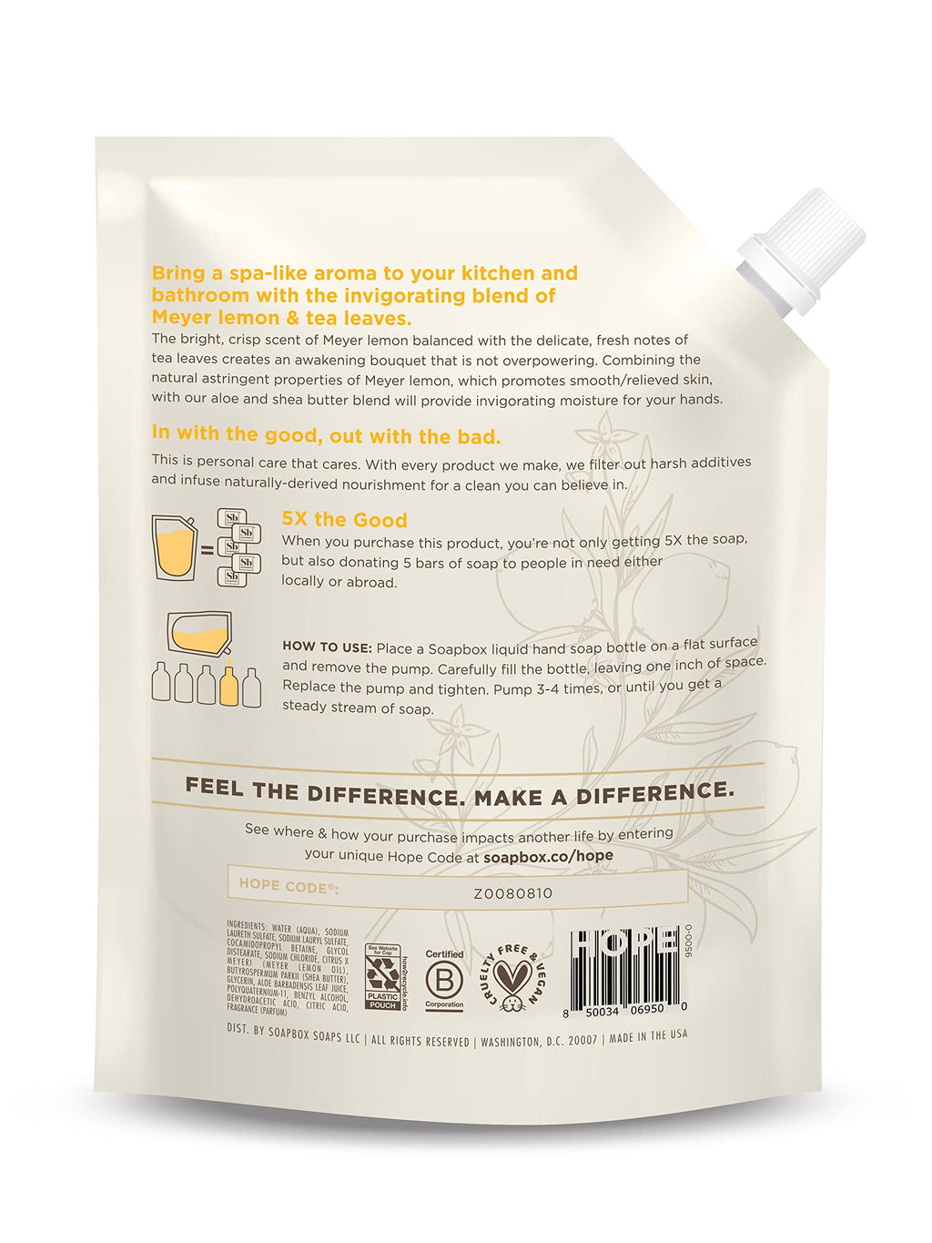 Soapbox Liquid Hand Soap Refill, Meyer Lemon & Tea Leaves, Gentle & Moisturizing Hand Wash for Kitchen and Bathroom, Vegan & Cruelty Free, 64oz Half Gallon Refill (Pack of 1)