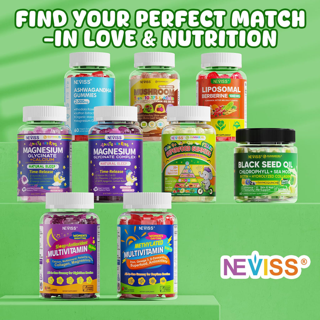 NEVISS Kids 4+ & Teens Super Greens 40-in-1 Gummies w/Multivitamin, Omega3 Iron, D3K2, Picky Eater Organic Super Fruits Veggies Superfood Gummy, Mushroom, Lutein | Immune Bone Brain Energy, Sugar Free