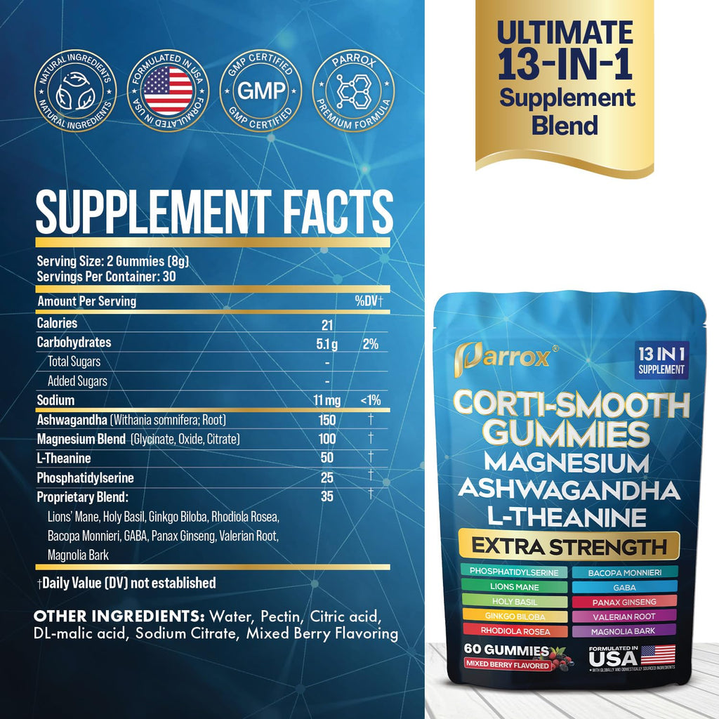 Parrox Corti-Smooth Cortisol Support Gummies with Magnesium, L-Theanine, Ashwagandha, Phosphatidylserine, Bacopa Monnieri, Lions Mane, Ginkgo Biloba, Valerian Root (60 Gummies - Mixed Berry Flavor)