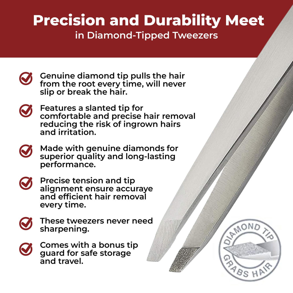 World's Best Tweezers Diamond Tip - Diamond Coated Slant Precision Tweezer for Eyebrow, Facial & Ingrown Hair Removal - Suitably Aligned Stainless Steel Tool Grabs Hair from The Root