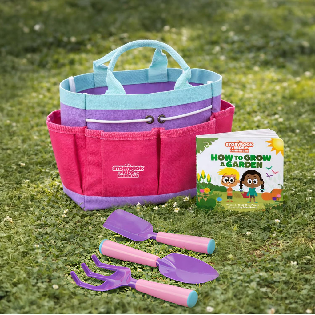 Pink Kids Gardening Tools - Includes Sturdy Tote Bag, Watering Can, Gloves, Shovels, Garden Stakes, and a Delightful Children's Book How to Garden Tale - Kids Garden Tool Set for Toddler Age on up.