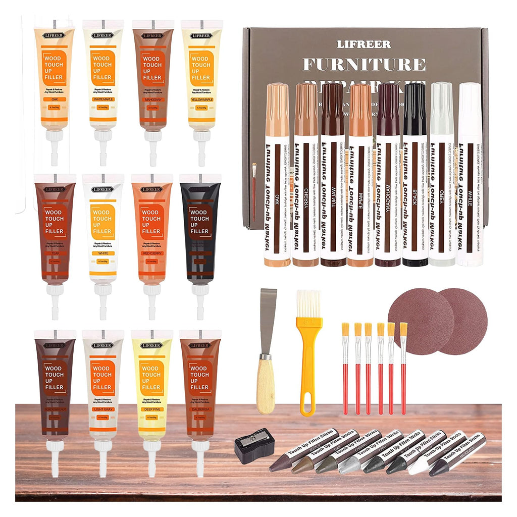 Lifreer Wood Furniture Repair Kit - 40 Pcs Wood Filler, Touch Up Markers with Wax Sticks - for Wood Floors, Stains, Scratches,Tables, Door, Carpenters, Bedposts