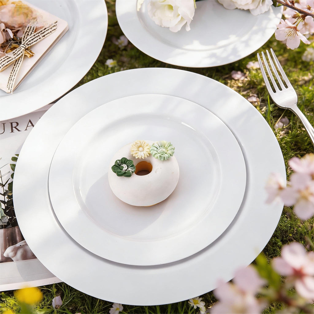 FLOWERCAT 60PCS White Plastic Plates - Heavy Duty White Disposable Plates for Mother's Day/Birthday Party/Wedding -serve for 30 guests Include 30PCS 10.25" & 30PCS 7.5" Plates for Party