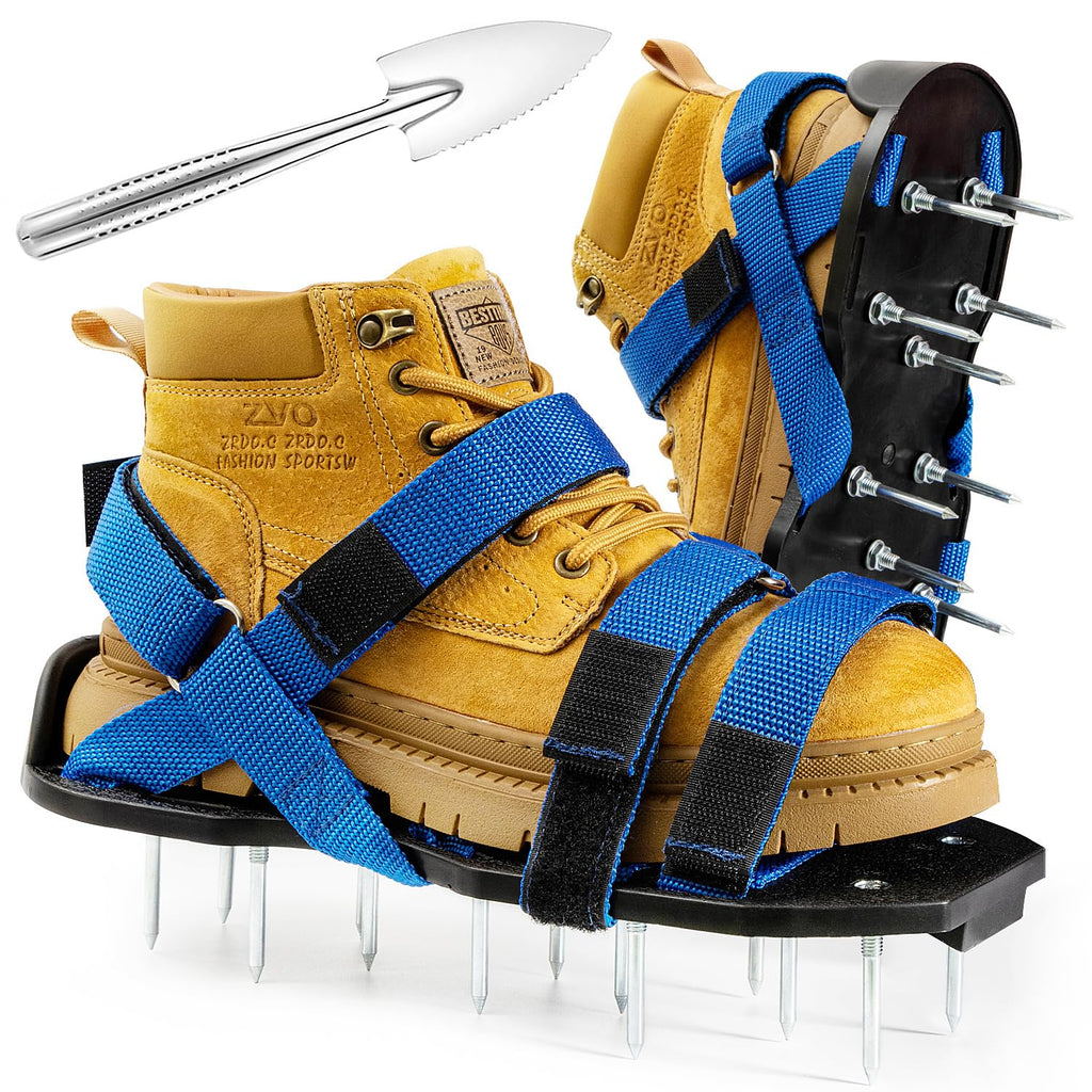 Bakulala Lawn Aerator Shoes Pre-Assembled, Heavy Duty Lawn Spike Shoes with Adjustable Straps, Soil Aerating Tool for Yard Patio Garden with Cleaning Shovel Blue