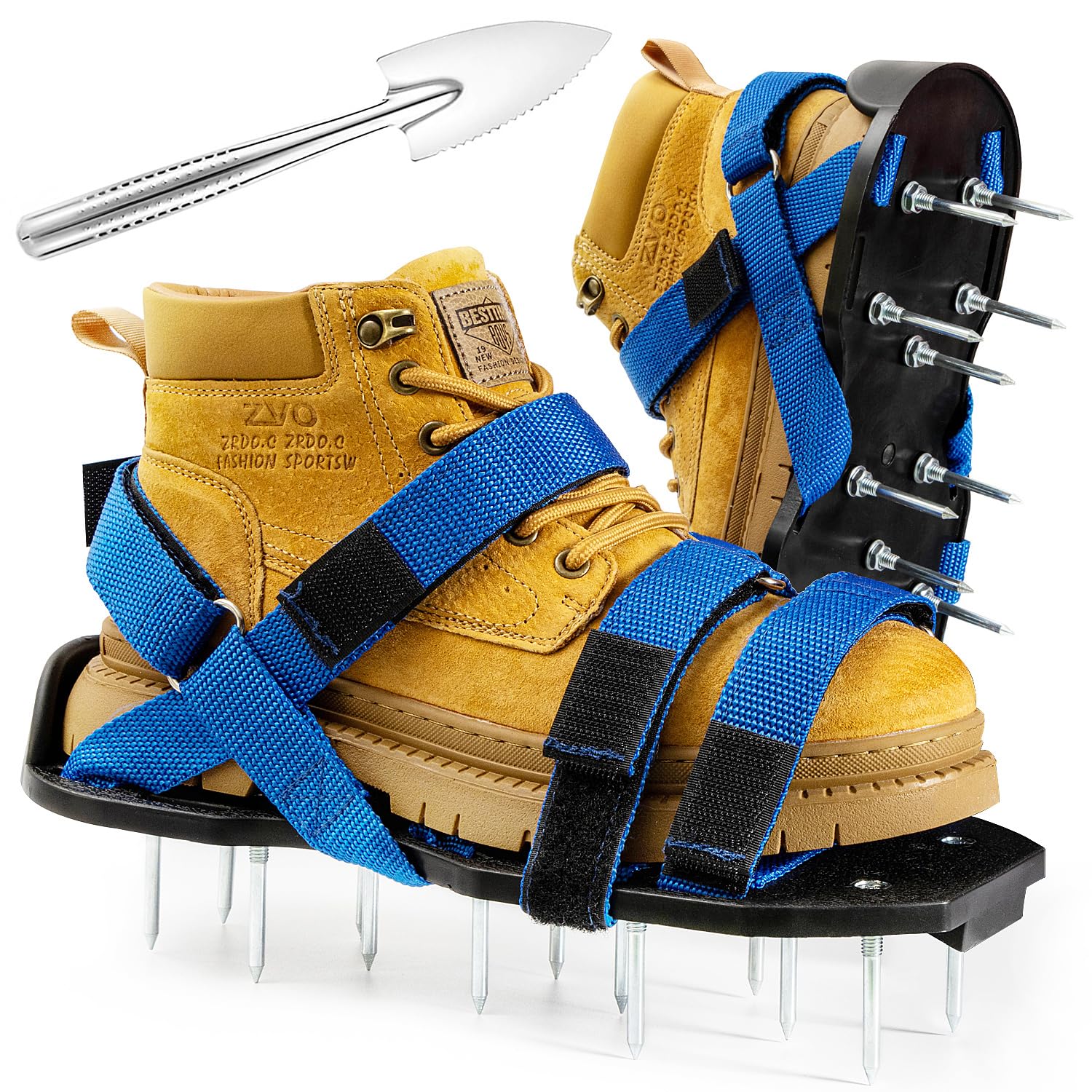 Bakulala Lawn Aerator Shoes Pre-Assembled, Heavy Duty Lawn Spike Shoes with Adjustable Straps, Soil Aerating Tool for Yard Patio Garden with Cleaning Shovel Blue