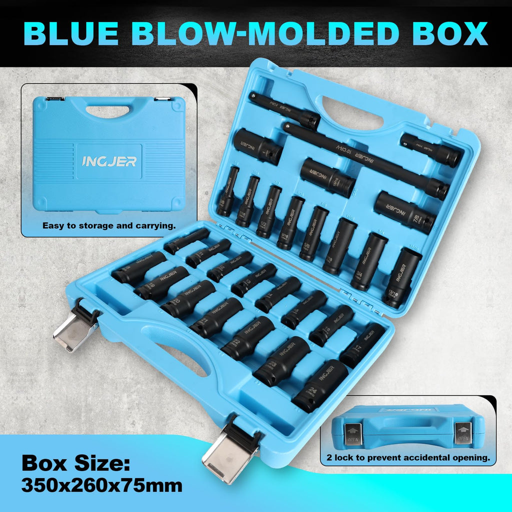 INGJER 1/2" 29PCS Impact Socket Set, Mechanic Tool Set,SAE (3/8"-1") & Metric (10-24mm), Standard & Deep Sockets with Extension Bars. CR-MO Steel, High Torque, Ideal for Truck Bearing Locknut.