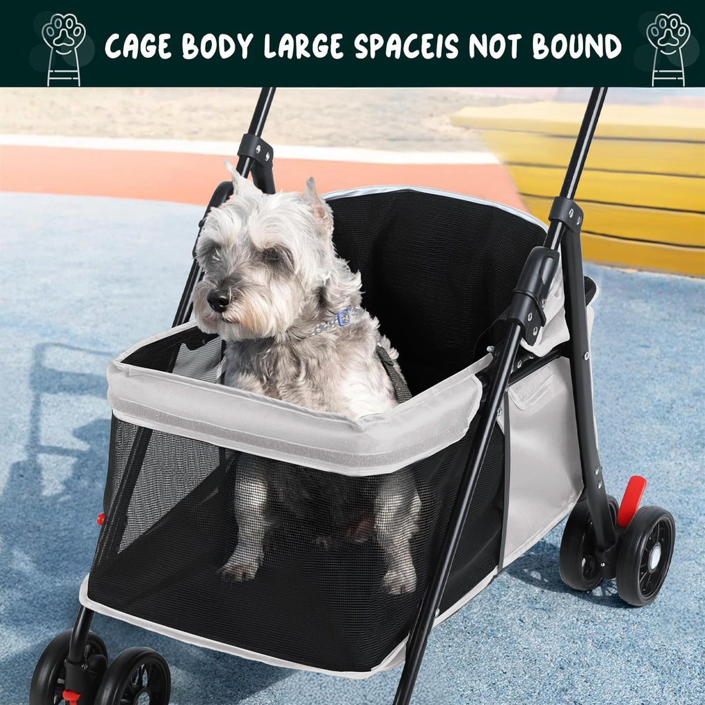 sxvbdway 4 Wheels Pet Stroller for Medium Small Dog up to 50lbs, Dog Cat Stroller, Outdoor Travel Pet Folding Strollers, Cat Cage Strollers with Cup Holder, Breathable and Visible Mesh (1 Set-Grey)