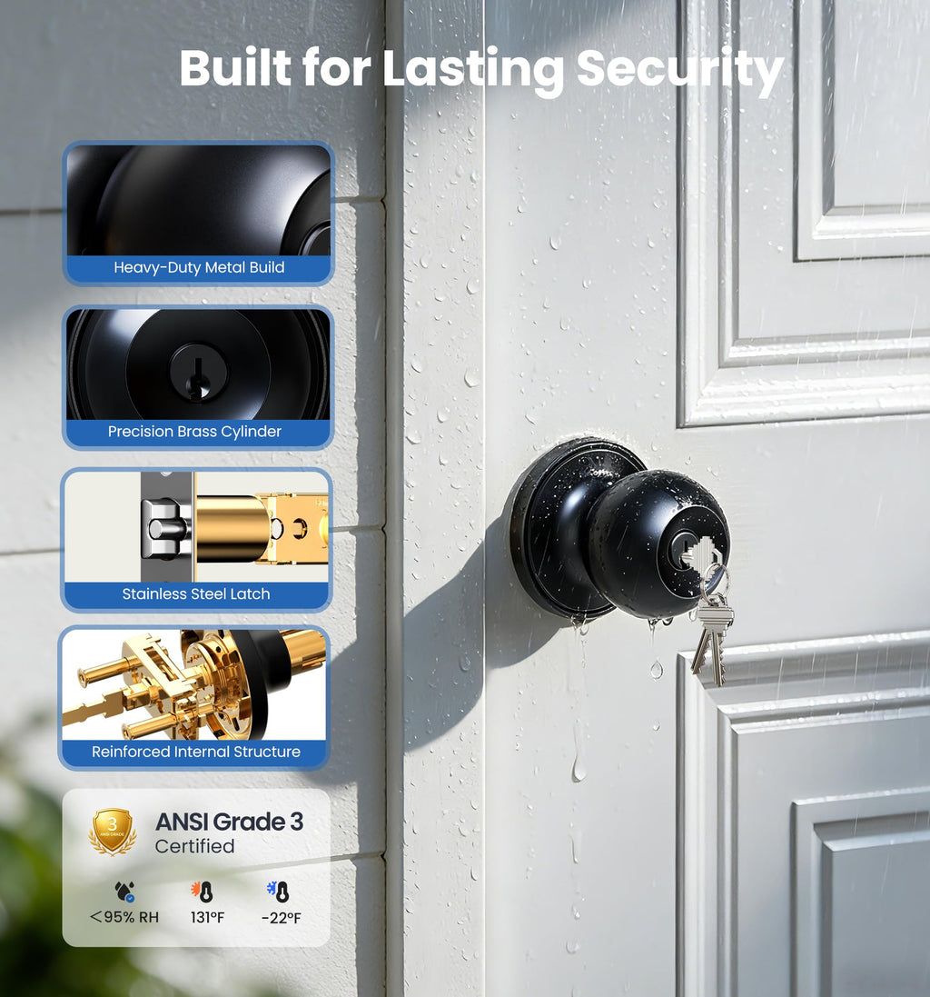 Veise Keyed Entry Door Knob, Bedroom Door Lock with Keys, Heavy-Duty Rust-Proof Construction, Door Handle for Exterior Interior Security, Easy to Install, Matte Black