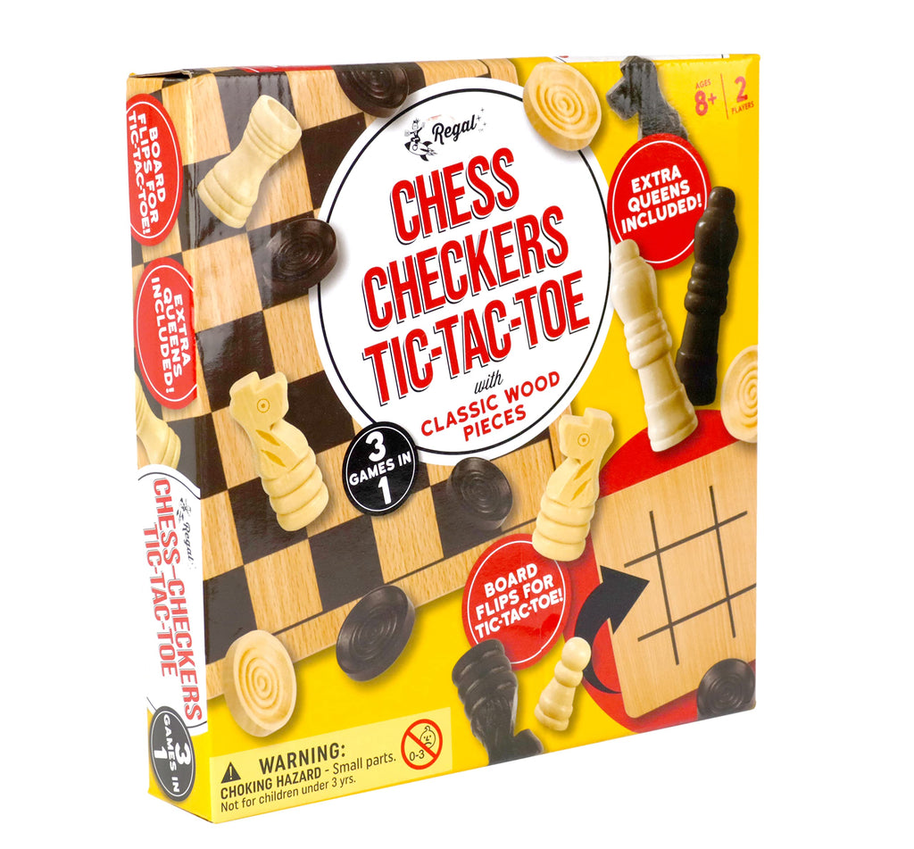 Regal Games - Reversible Wooden Board for Chess, Checkers & Tic-Tac-Toe - 24 Interlocking Wooden Checkers and 32 Standard Chess Pieces - for Age 8 to Adult for Family Fun