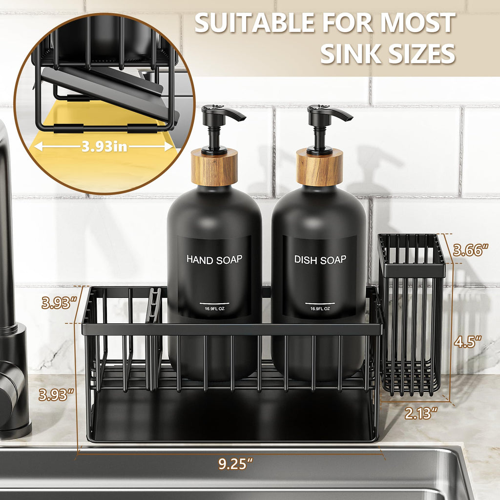 Cisily Kitchen Dish Soap Dispenser Set with 2 Pack 16.9oz Amber Glass Bottle and Sponge Holder, Dish Soap Dispensers with Adjustable Sponge Holder, Vintage Hand and Dish Soap Dispensers Set