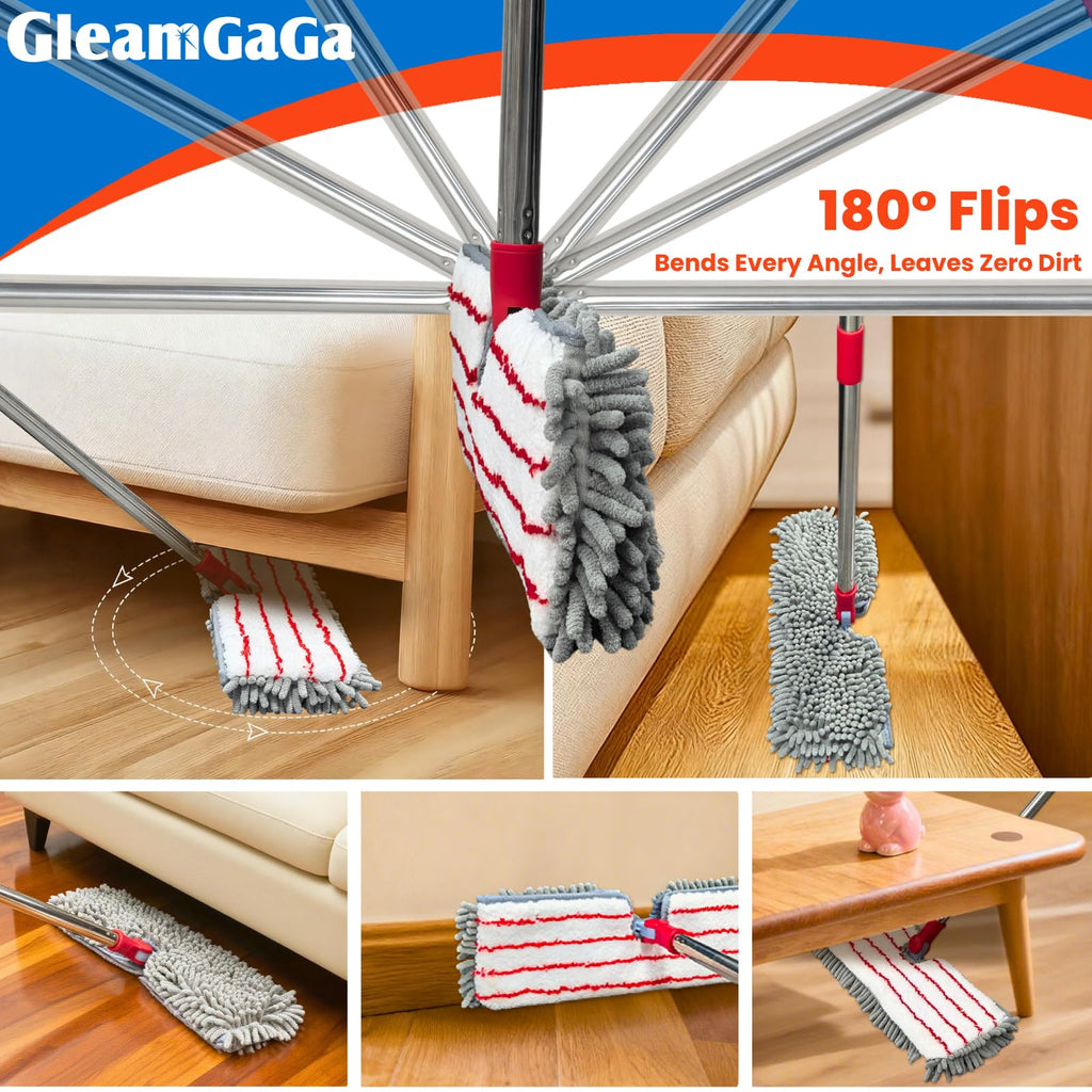 Microfiber Mops for Floor Cleaning, Flat Dust Mop with 4 Washable Pads, Dual-Sided Flip Mop for Wet & Dry Use, Extendable 62’’ Handle with Scraper, Floor Mops for Hardwood,Laminate,Vinyl,Kitchen,Tile